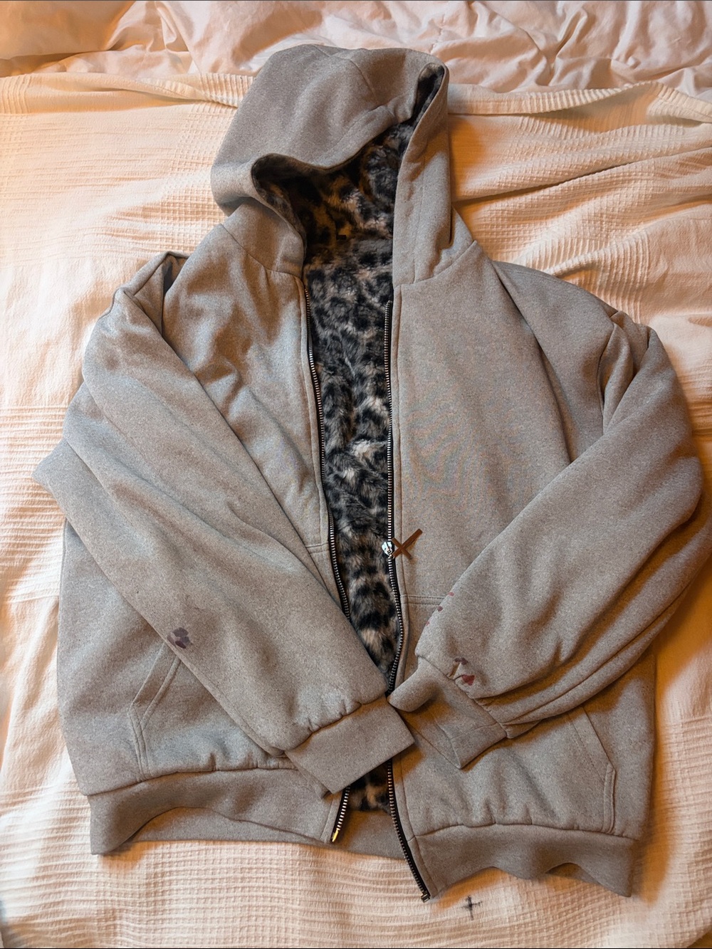 Gray zip up Hoodie with Plush Leopard Lining